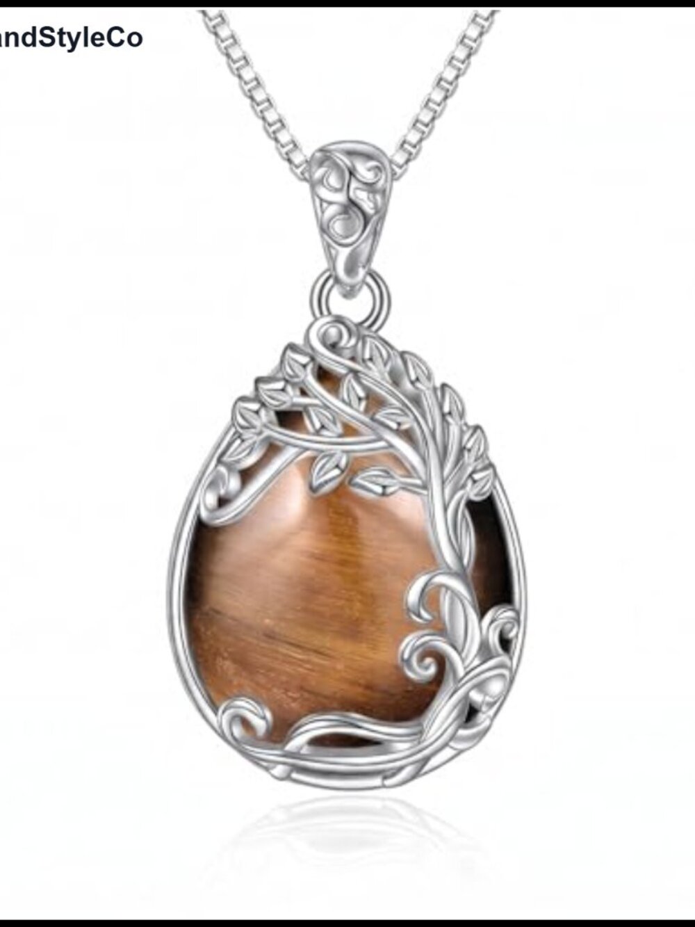 Tiger's Eye Tree of Life Teardrop Pendant Necklace, 18K White Gold Plated